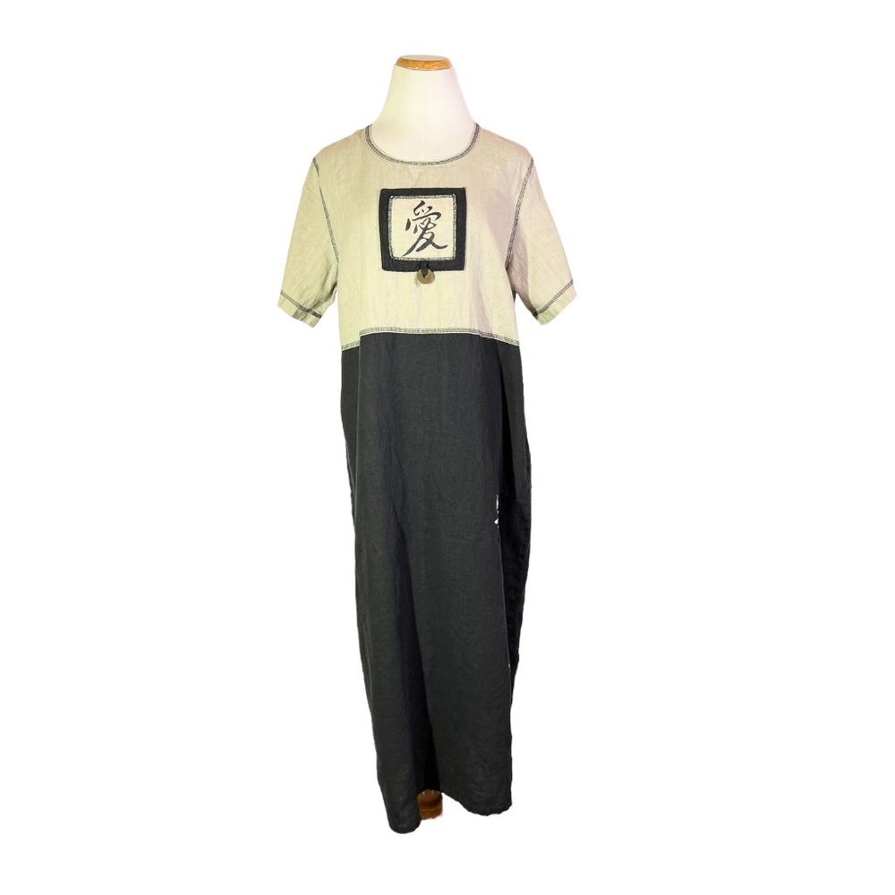 Vintage 1990s Focus Size M Short Sleeve Linen Dress Lagenlook Art to Wear Asian